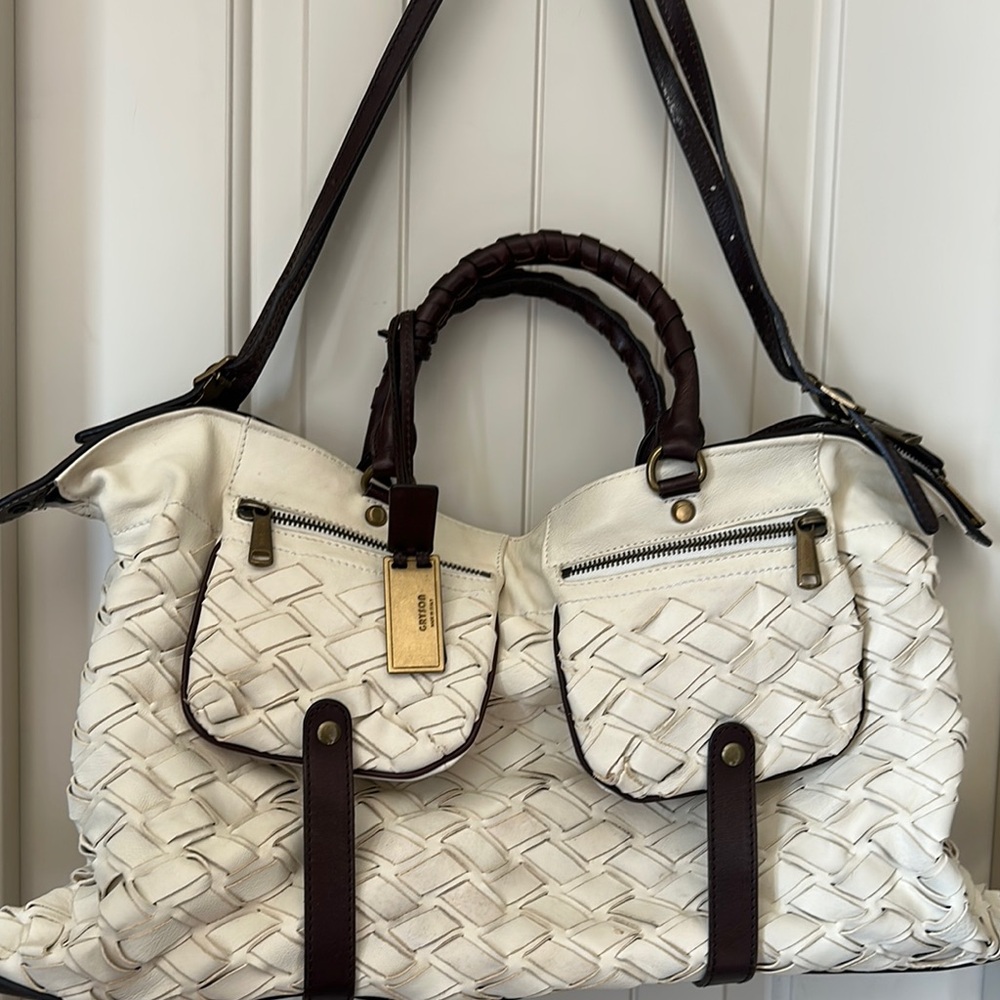 Elegant White and Brown Woven Handbag